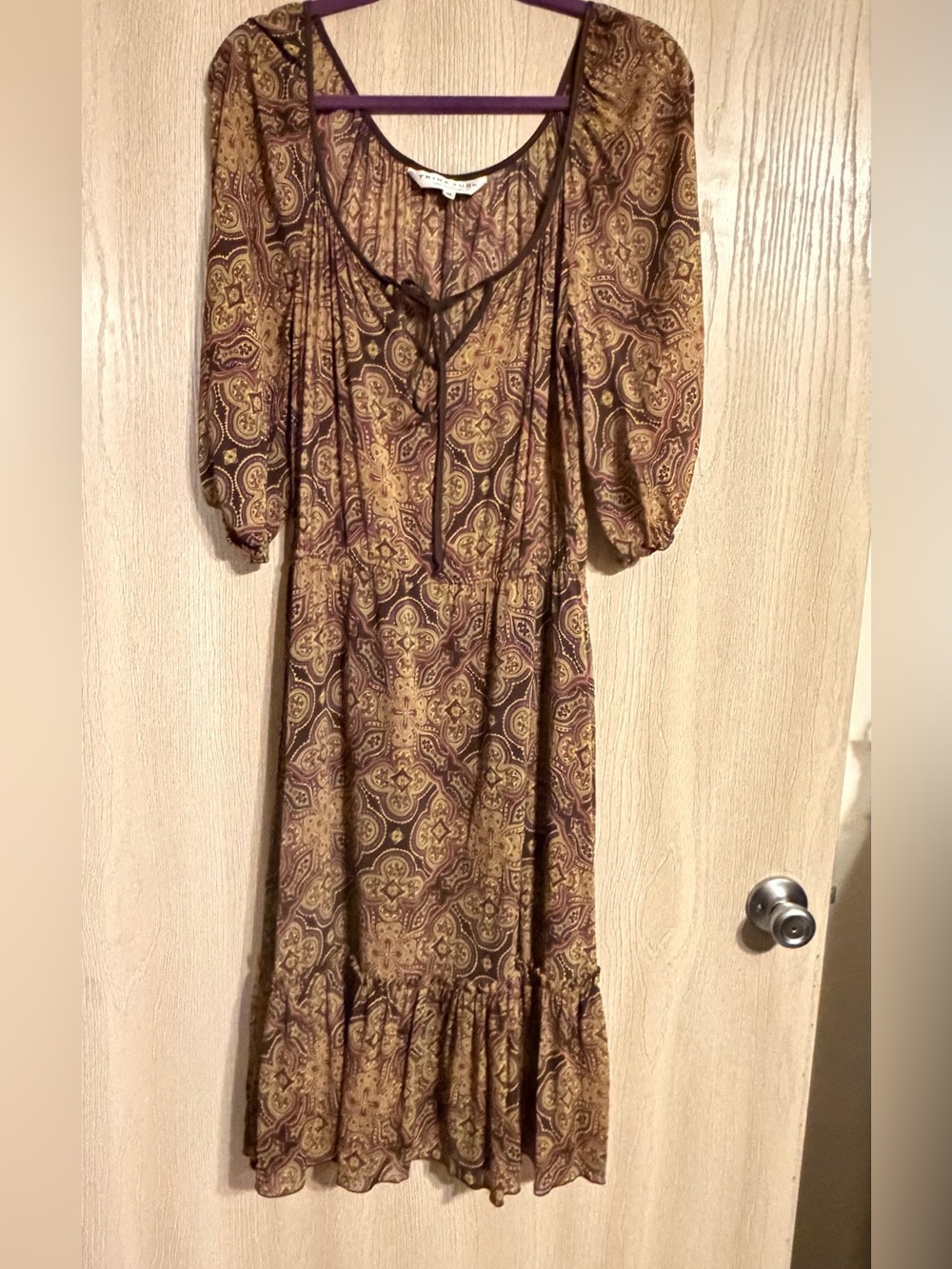 Trina Turk Paisley Tie-Neck Midi Dress in Brown and Gold Silk